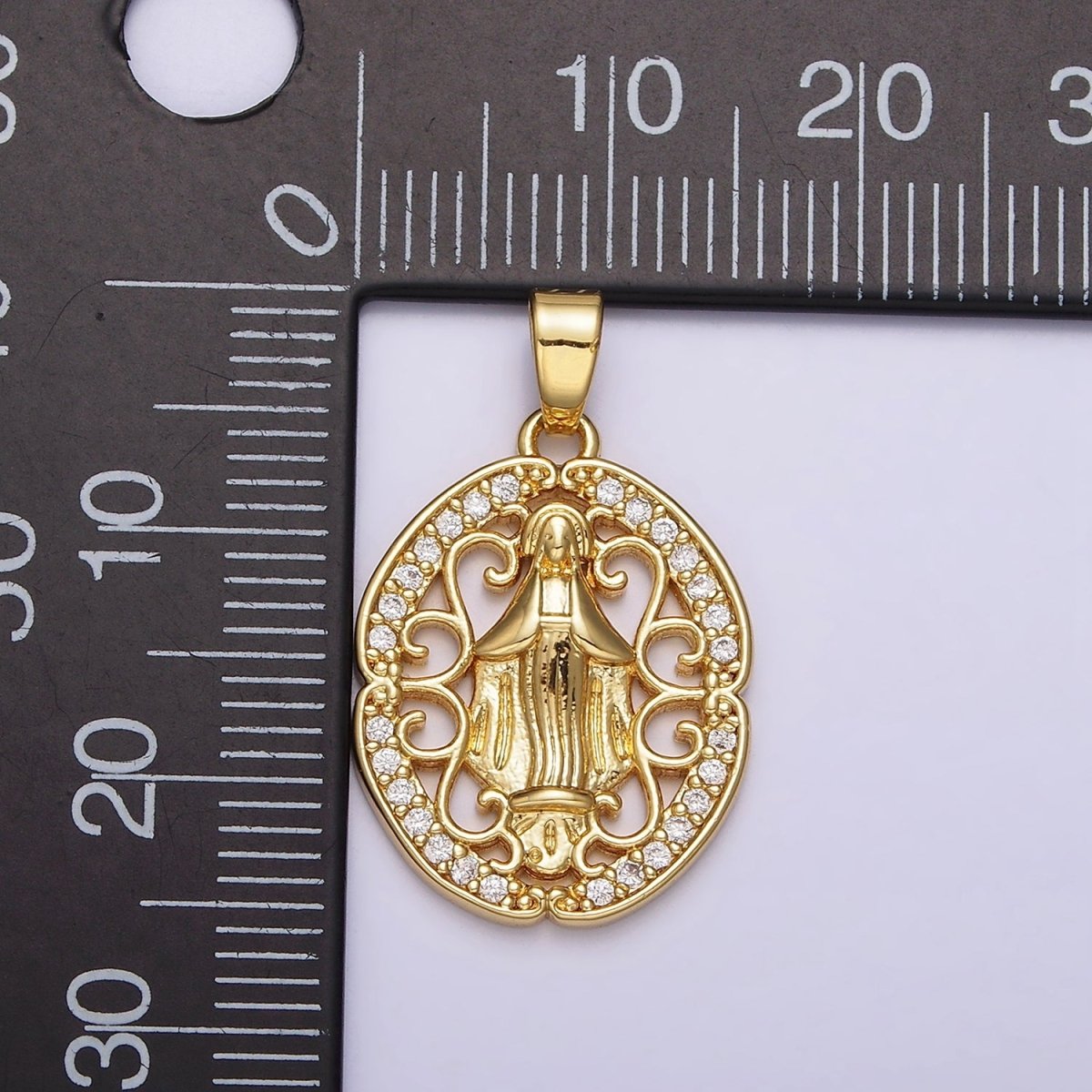 14K Gold Filled Mother Mary lady Guadalupe Elaborate Open Micro Paved CZ Oval Pendant | N1314
