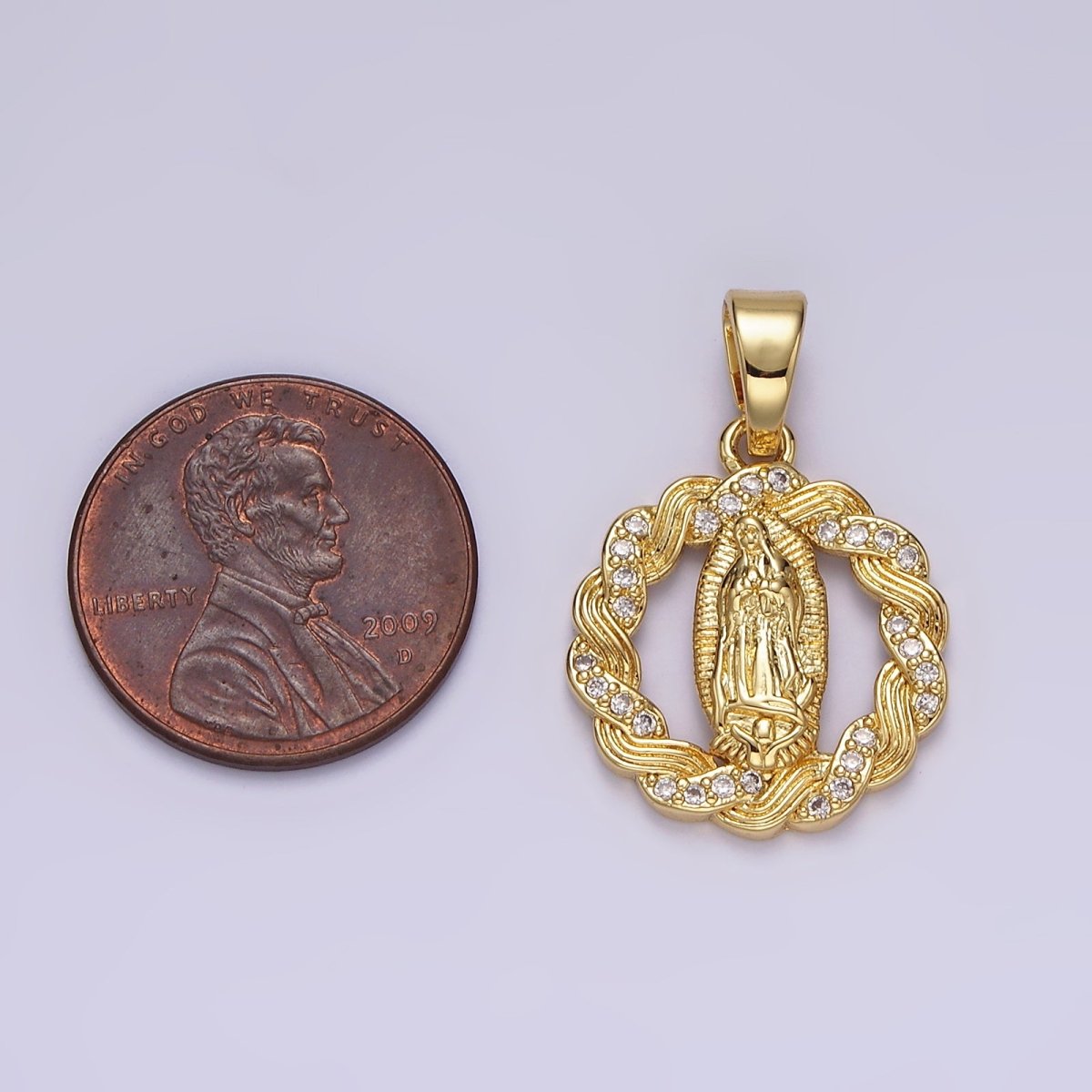 14K Gold Filled Mother Mary Lady Guadalupe Open Micro Paved CZ Lined Braided Pendant | N1311