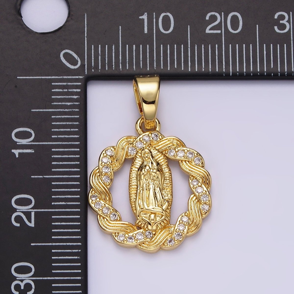14K Gold Filled Mother Mary Lady Guadalupe Open Micro Paved CZ Lined Braided Pendant | N1311