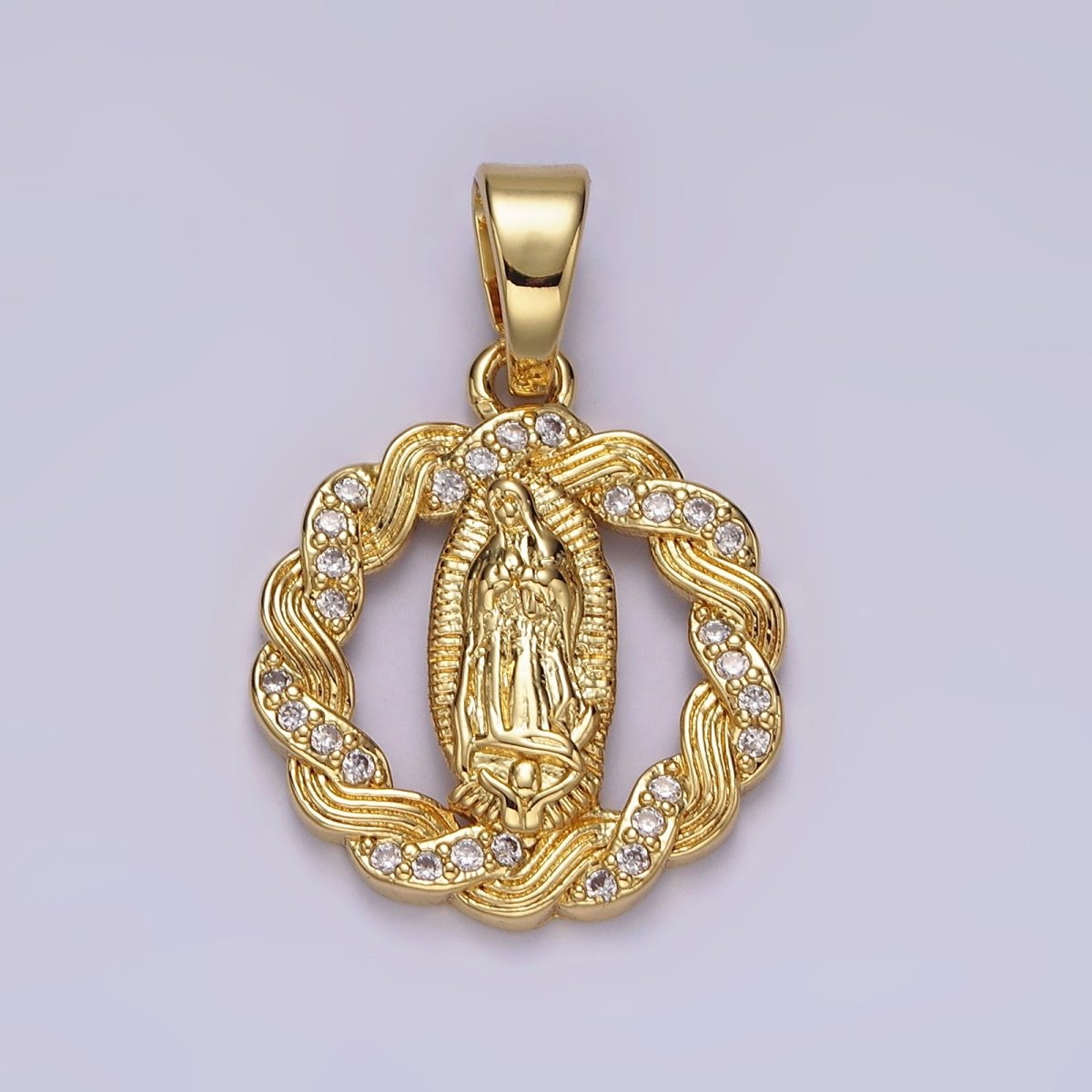 14K Gold Filled Mother Mary Lady Guadalupe Open Micro Paved CZ Lined Braided Pendant | N1311