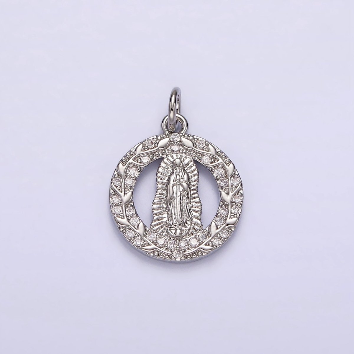 14K Gold Filled Mother Mary Lady Guadalupe Open Vine Plant Micro Paved CZ Round Charm in Gold & Silver | AG393 AG394