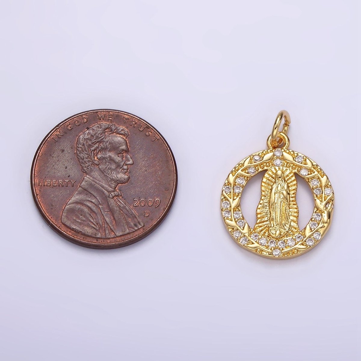 14K Gold Filled Mother Mary Lady Guadalupe Open Vine Plant Micro Paved CZ Round Charm in Gold & Silver | AG393 AG394