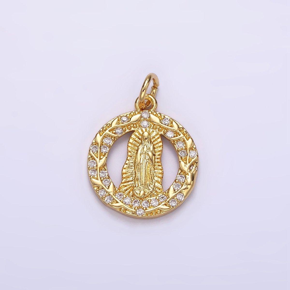 14K Gold Filled Mother Mary Lady Guadalupe Open Vine Plant Micro Paved CZ Round Charm in Gold & Silver | AG393 AG394