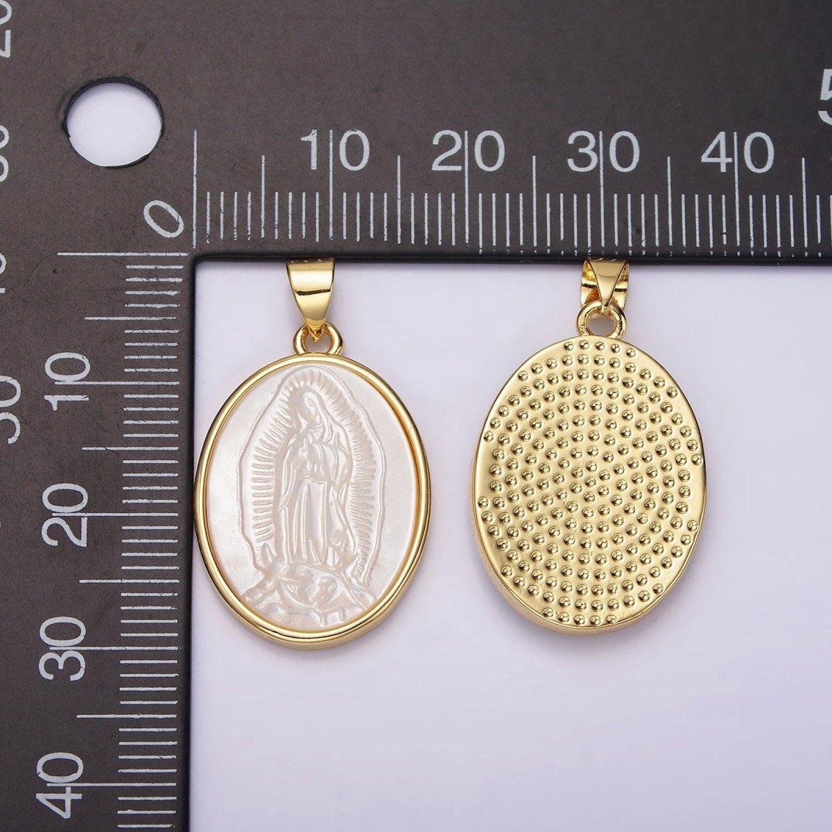 14K Gold Filled Mother Mary Lady Guadalupe Shell Pearl Oval Bezel Pendant | N1949