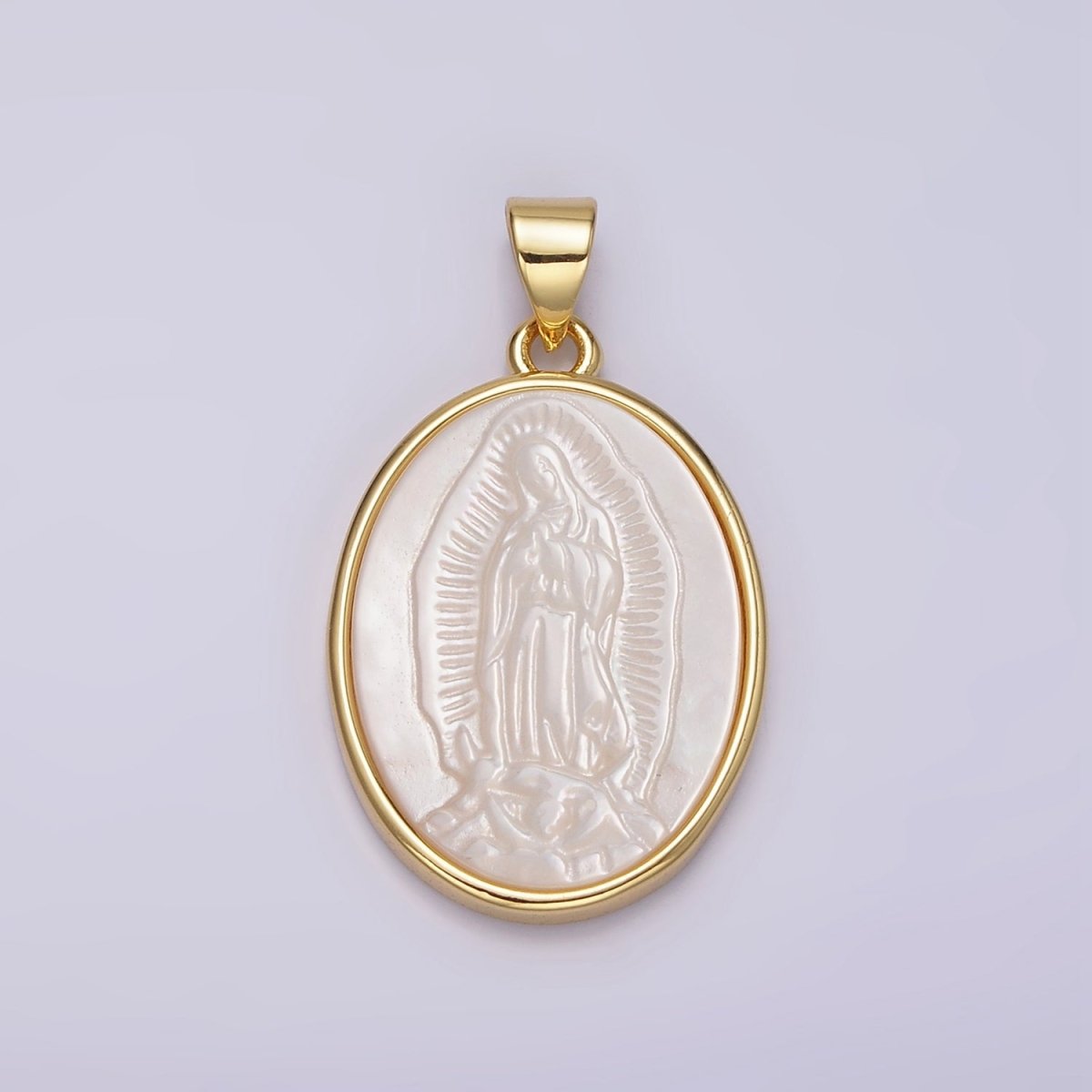14K Gold Filled Mother Mary Lady Guadalupe Shell Pearl Oval Bezel Pendant | N1949