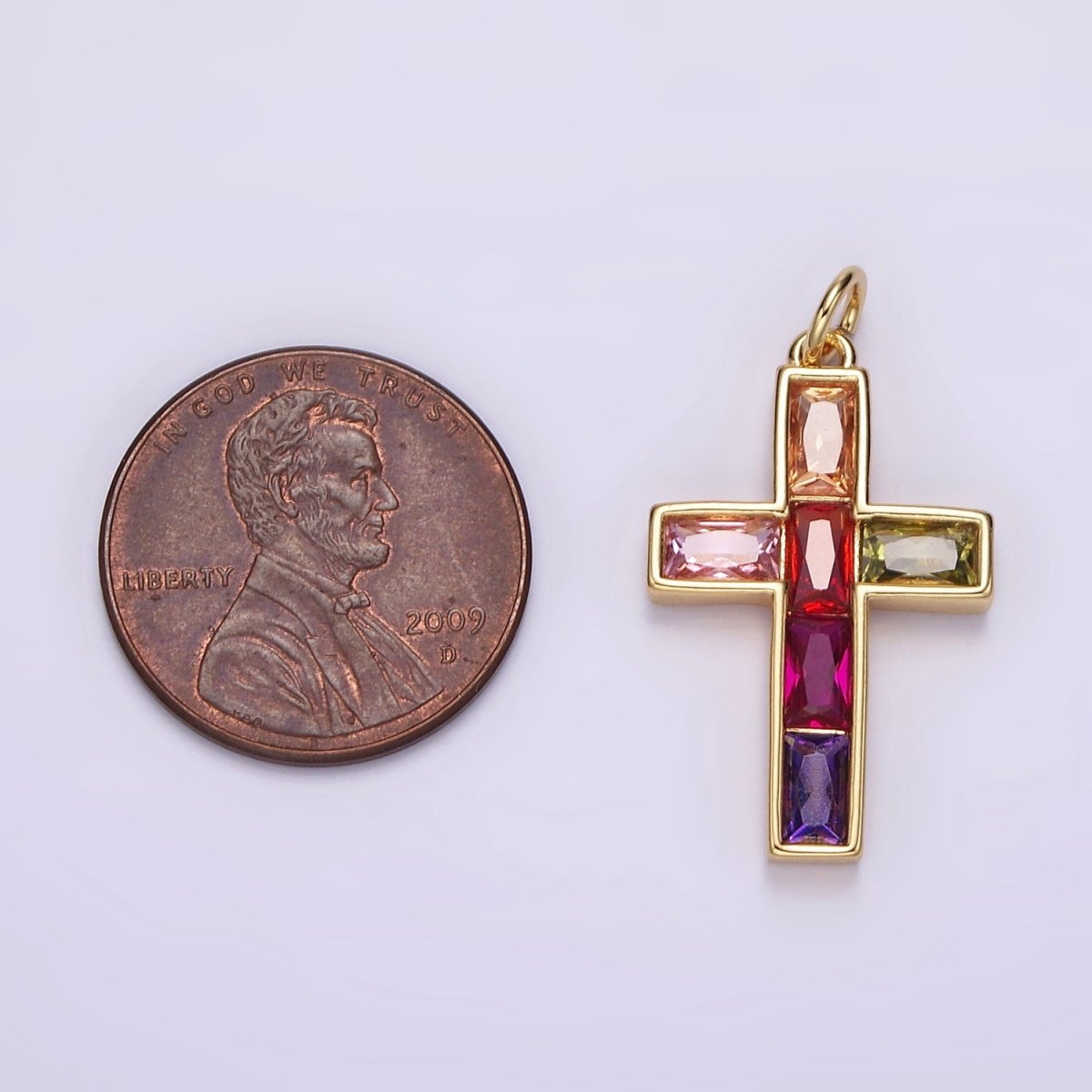 14K Gold Filled Multicolor Baguette CZ Lined Religious Latin Cross Charm | AG535
