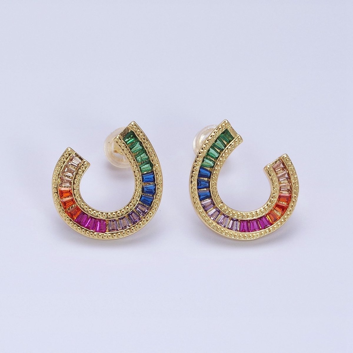 14K Gold Filled Multicolor Baguette U Circular Stud Earrings in Gold & Silver | AB1516 AD1159