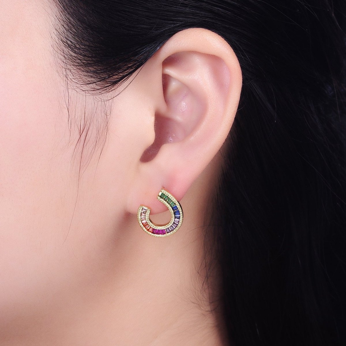 14K Gold Filled Multicolor Baguette U Circular Stud Earrings in Gold & Silver | AB1516 AD1159