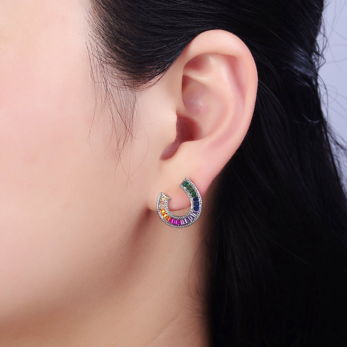 14K Gold Filled Multicolor Baguette U Circular Stud Earrings in Gold & Silver | AB1516 AD1159