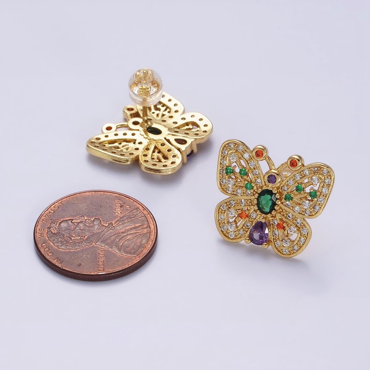 14K Gold Filled Multicolor CZ Antenna Butterfly Mariposa Dotted Micro Paved Stud Earrings in Gold & Silver | AD-444 AD-445