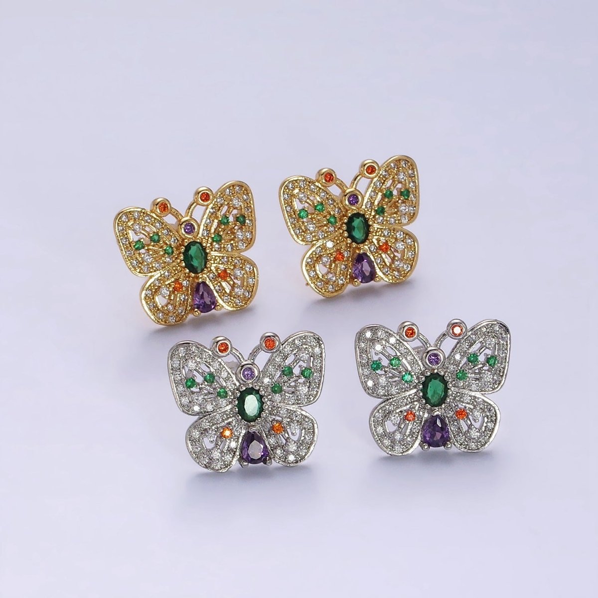 14K Gold Filled Multicolor CZ Antenna Butterfly Mariposa Dotted Micro Paved Stud Earrings in Gold & Silver | AD-444 AD-445