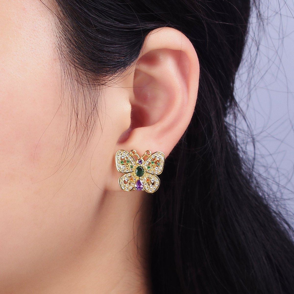 14K Gold Filled Multicolor CZ Antenna Butterfly Mariposa Dotted Micro Paved Stud Earrings in Gold & Silver | AD-444 AD-445