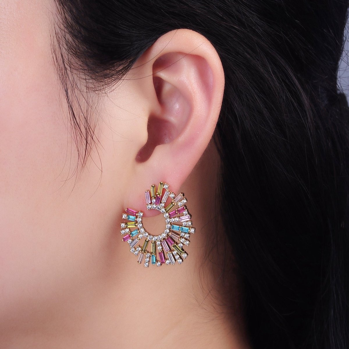 14K Gold Filled Multicolor CZ Baguette Micro Paved Circular Stud Earrings Set | AE405