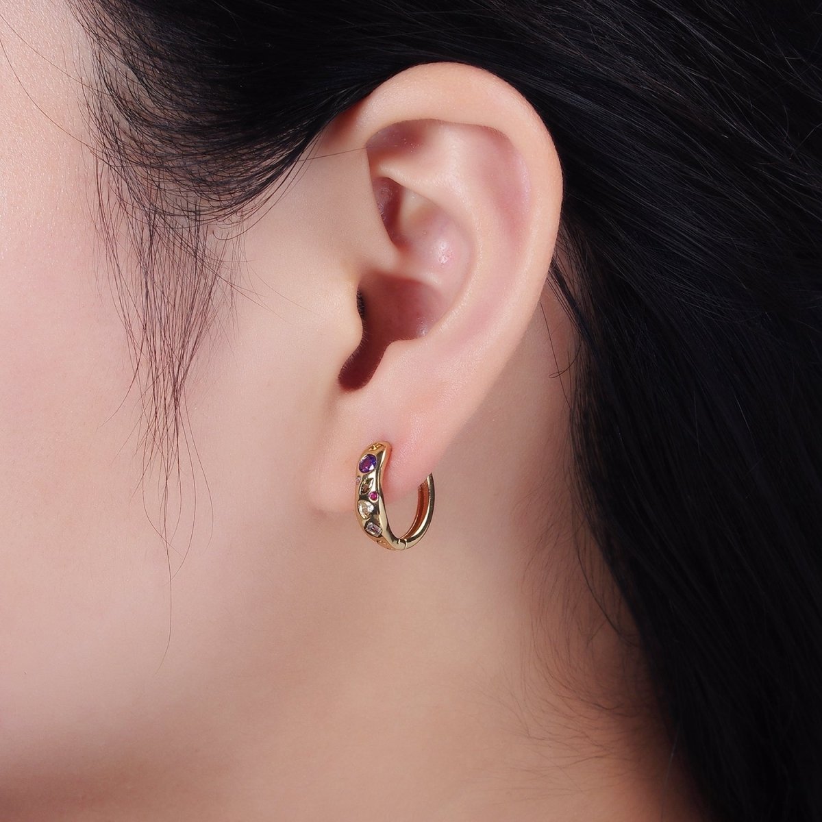 14K Gold Filled Multicolor CZ Dot Marquise Heart 15mm Huggie Earrings | AE916