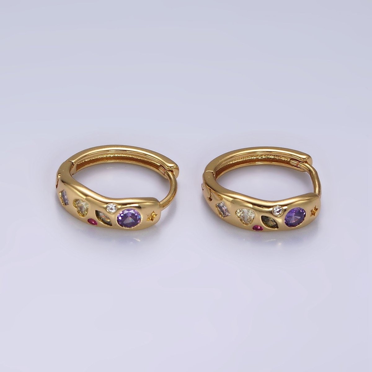14K Gold Filled Multicolor CZ Dot Marquise Heart 15mm Huggie Earrings | AE916