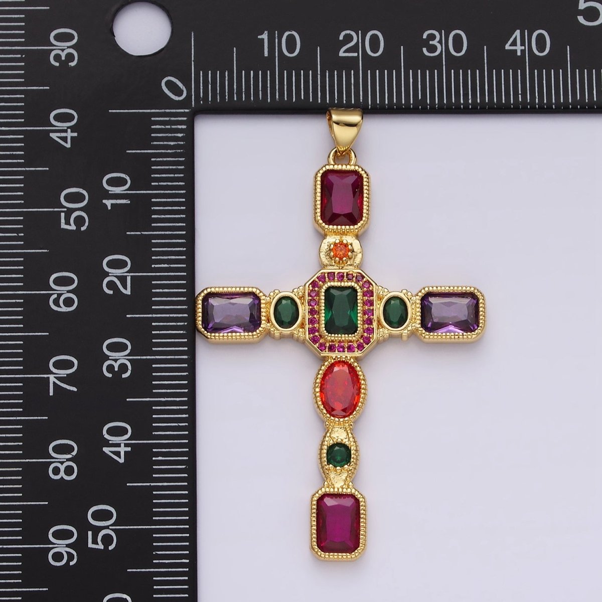 14K Gold Filled Multicolor CZ Geometric Latin Cross Pendant | N-1885