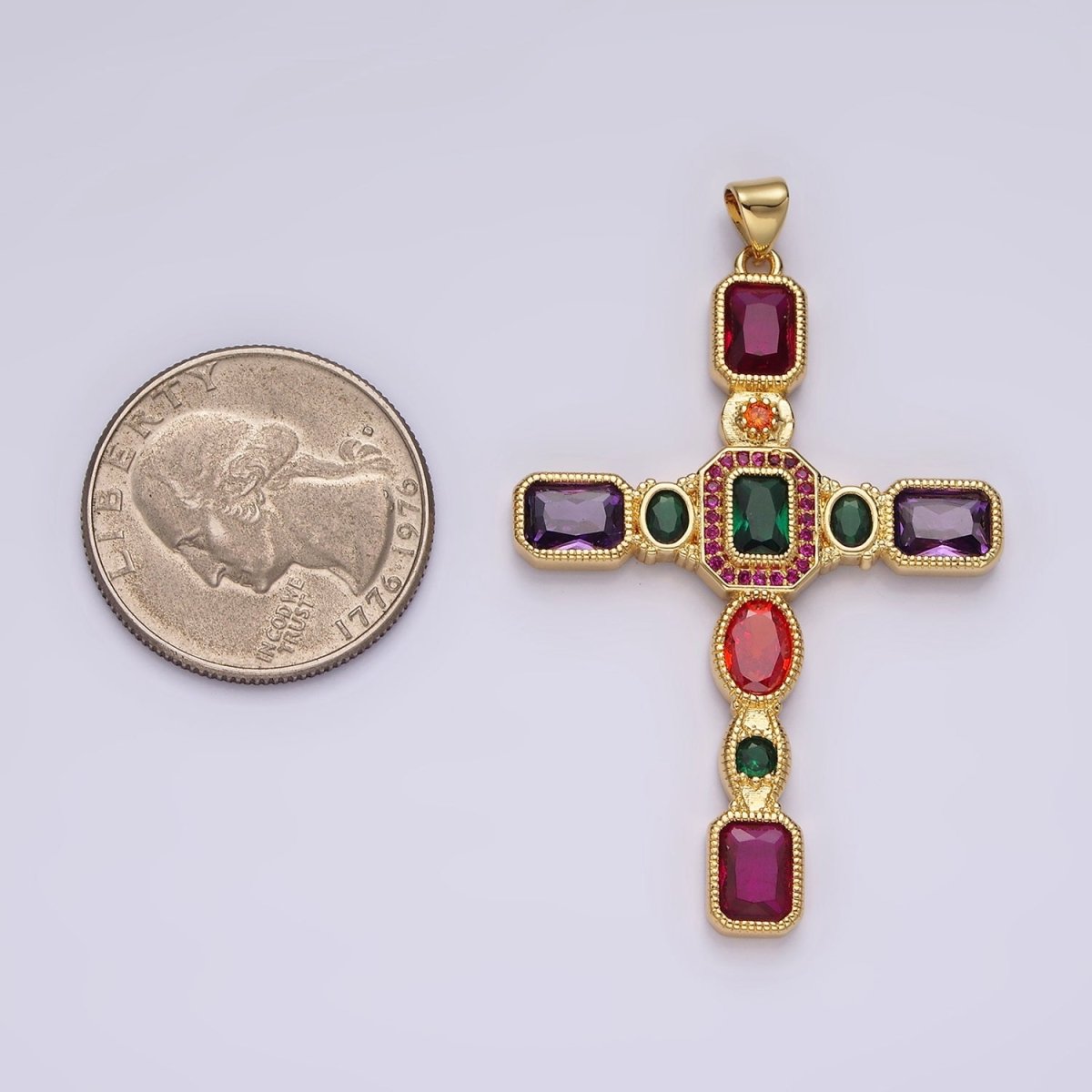 14K Gold Filled Multicolor CZ Geometric Latin Cross Pendant | N-1885