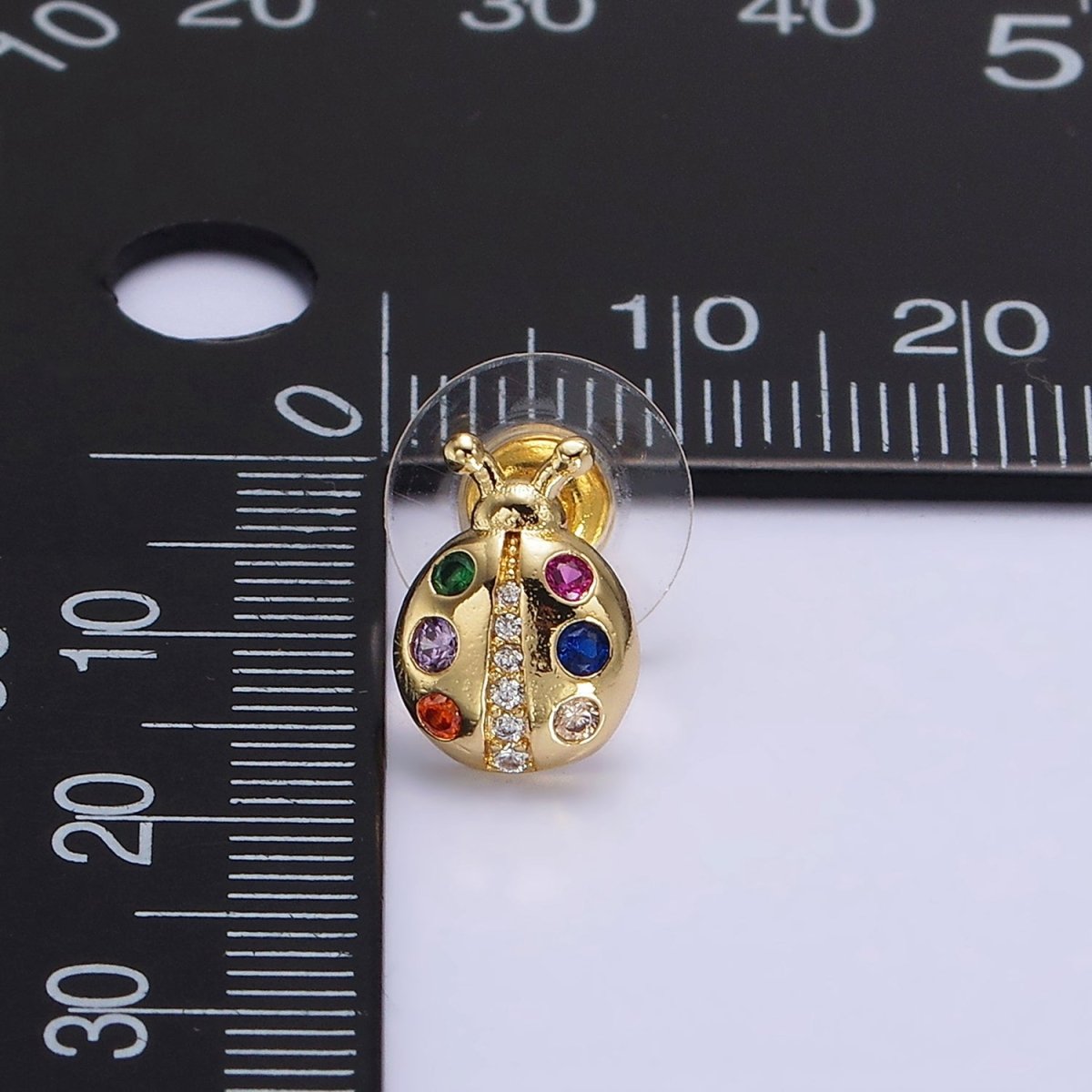 14K Gold Filled Multicolor CZ Ladybug Insect Stud Earrings | AE861