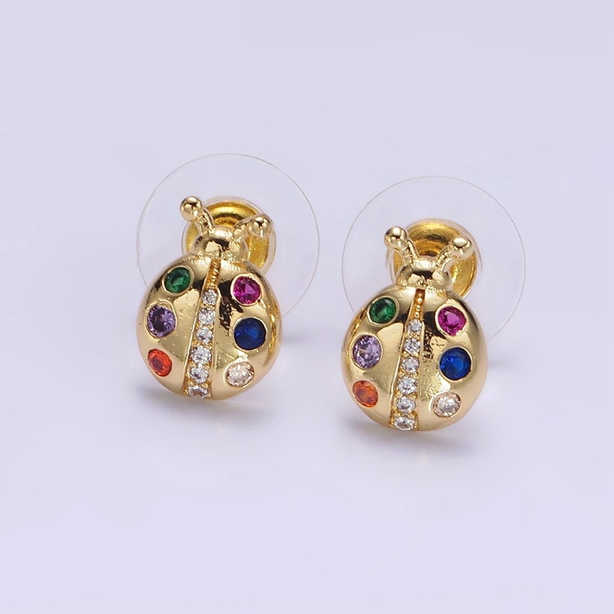 14K Gold Filled Multicolor CZ Ladybug Insect Stud Earrings | AE861