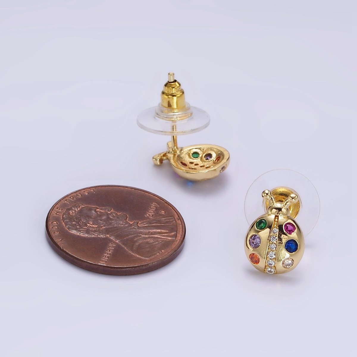 14K Gold Filled Multicolor CZ Ladybug Insect Stud Earrings | AE861