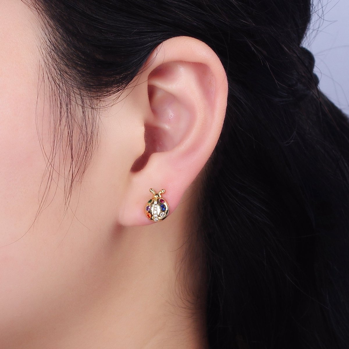 14K Gold Filled Multicolor CZ Ladybug Insect Stud Earrings | AE861