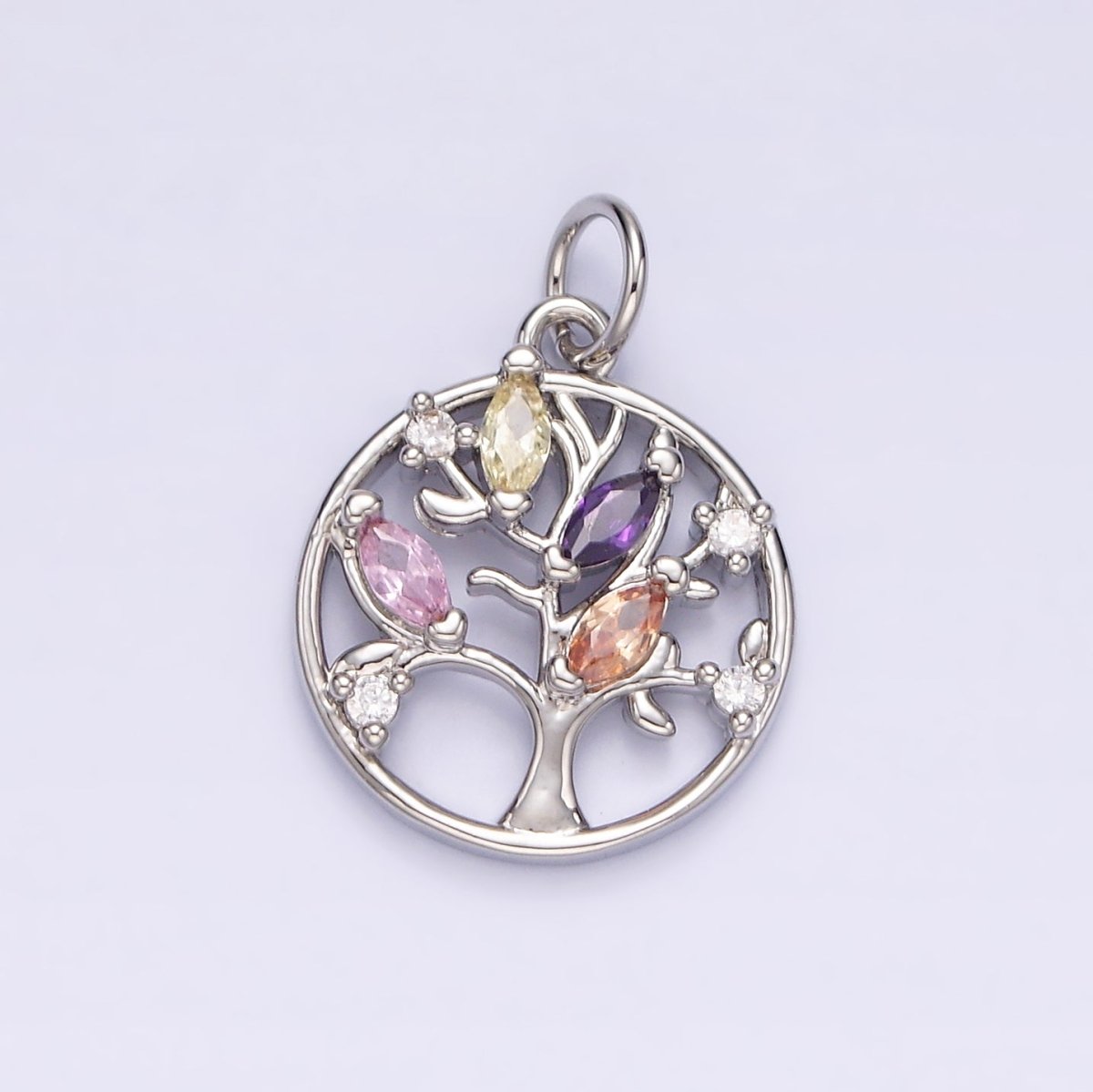 14K Gold Filled Multicolor Marquise CZ Leaf Tree Open Round Charm in Gold & Silver | N1500 N1501