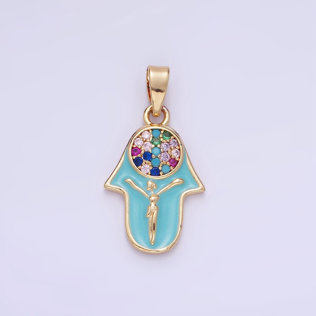 14K Gold Filled Multicolor Micro Paved CZ Hamsa Hand Enamel Pendant | AA1182