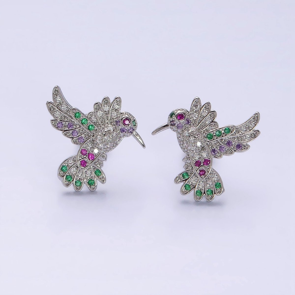 14K Gold Filled Multicolor Micro Paved CZ Hummingbird Pet Earrings Set in Gold & Silver | AD-434 AD-435