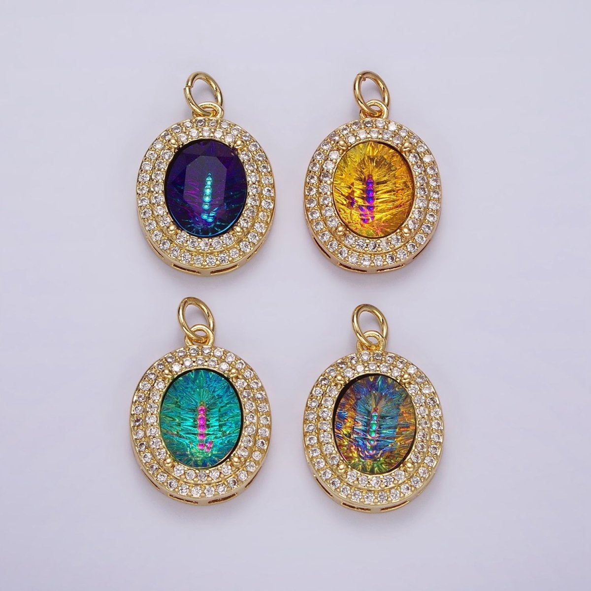 14K Gold Filled Multicolor, Purple, Yellow, Blue Iridescent Thermal CZ Micro Paved Oval Charm | AG070 - AG073