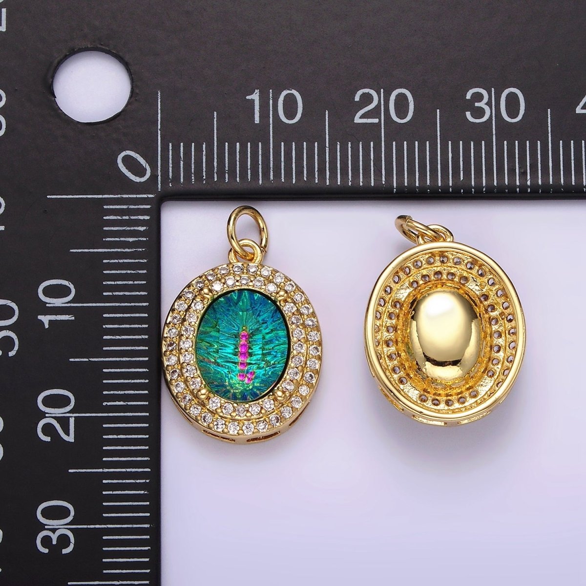 14K Gold Filled Multicolor, Purple, Yellow, Blue Iridescent Thermal CZ Micro Paved Oval Charm | AG070 - AG073