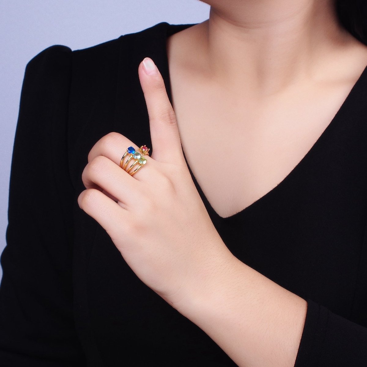 14K Gold Filled Multicolor Round CZ Multiple Band Statement Ring in Gold & Silver | O-1952 O-1953