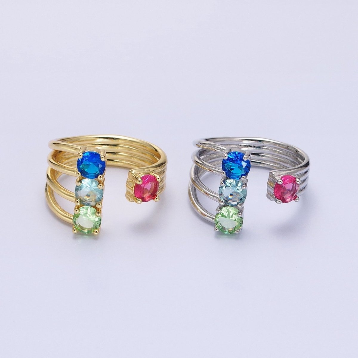 14K Gold Filled Multicolor Round CZ Multiple Band Statement Ring in Gold & Silver | O-1952 O-1953