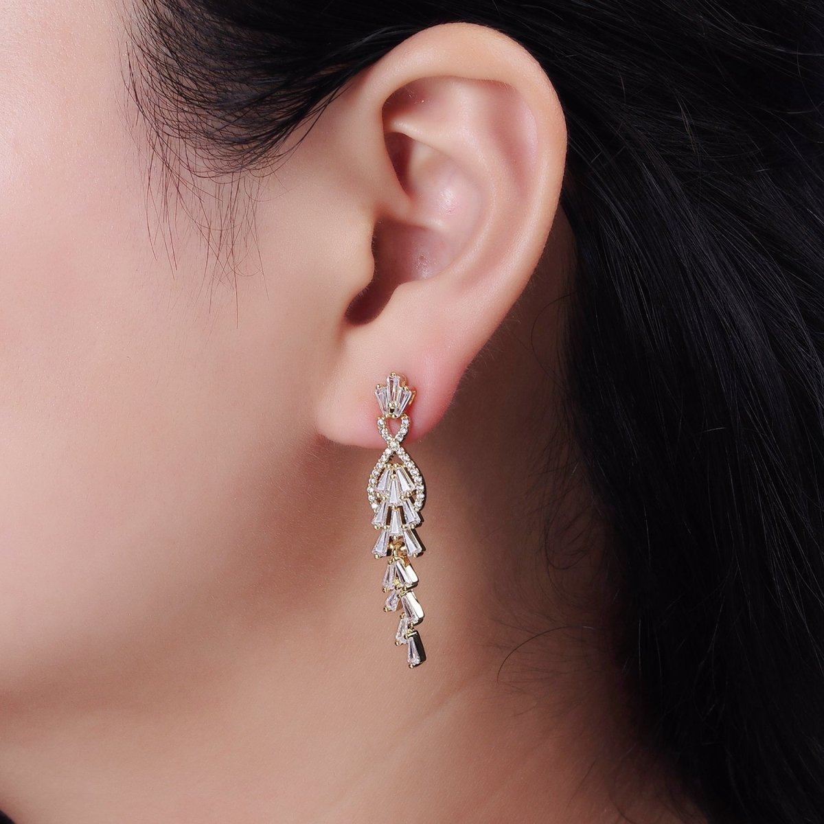 14K Gold Filled Multiple Baguette Micro Paved CZ Drop Stud Earrings in Gold & Silver | AE305