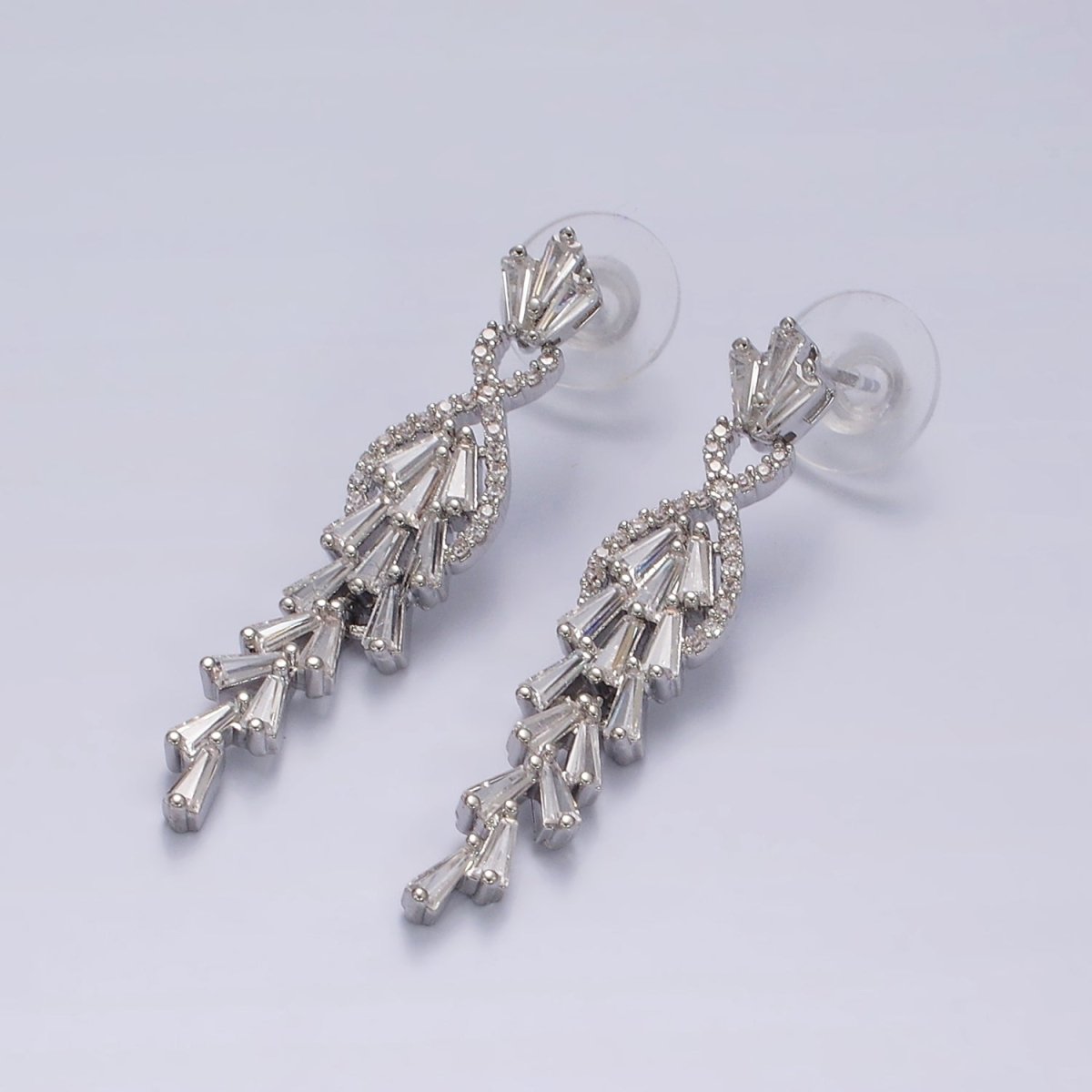 14K Gold Filled Multiple Baguette Micro Paved CZ Drop Stud Earrings in Gold & Silver | AE305