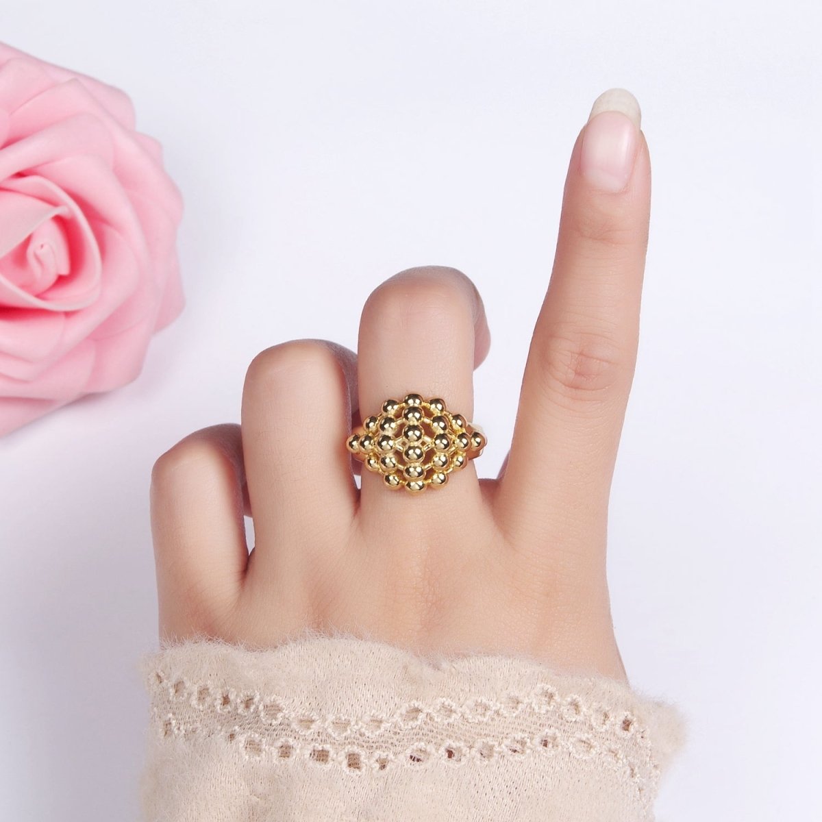 14K Gold Filled Multiple Beaded Bubble Round Signet Ring in Gold & Silver | O1266 O1267