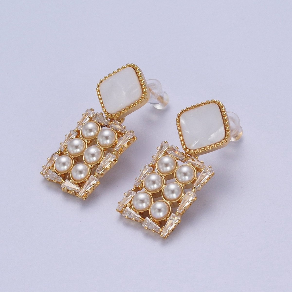 14K Gold Filled Multiple Pearl Baguette Rectangular Shell Pearl Rhombus Drop Stud Earrings | AE1032