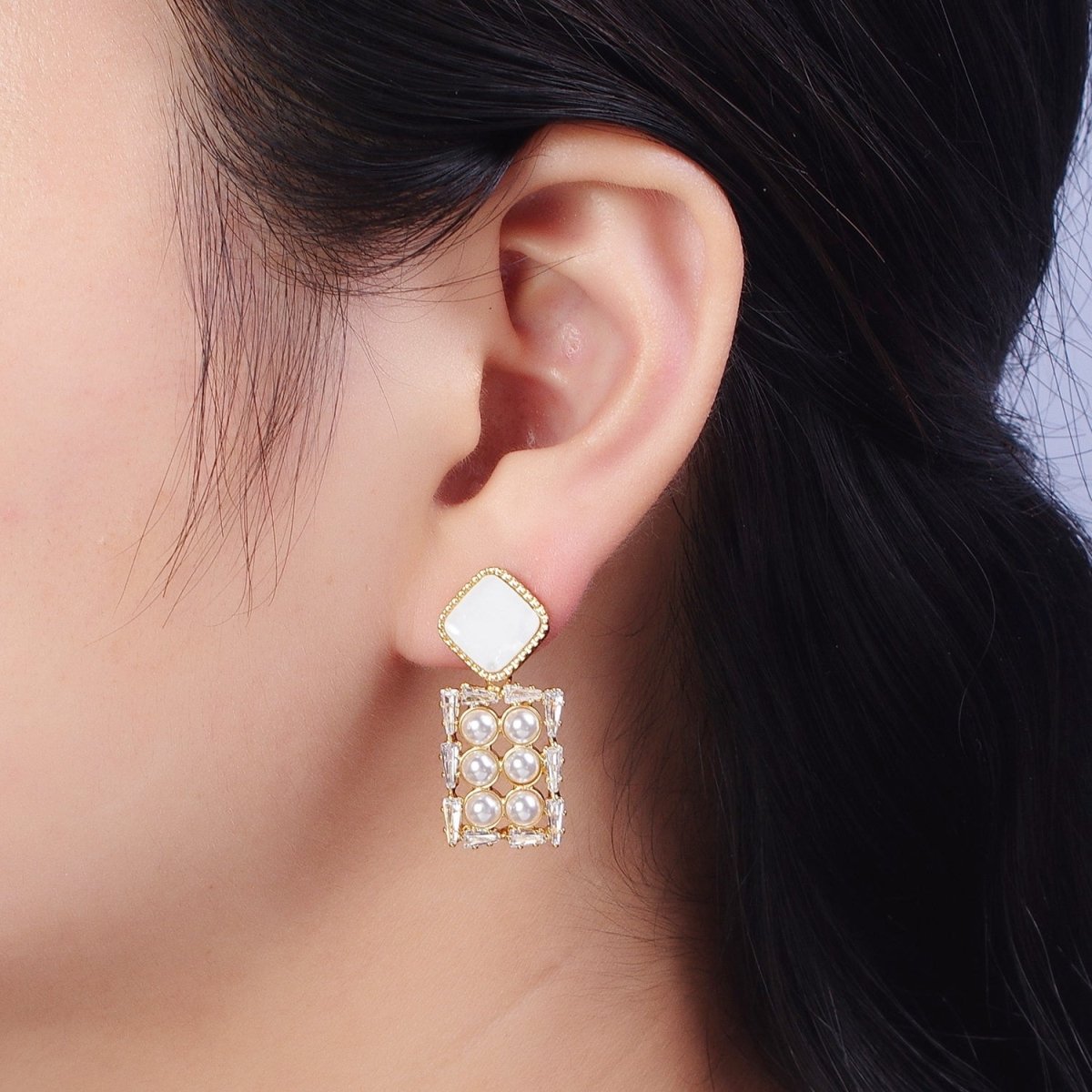14K Gold Filled Multiple Pearl Baguette Rectangular Shell Pearl Rhombus Drop Stud Earrings | AE1032