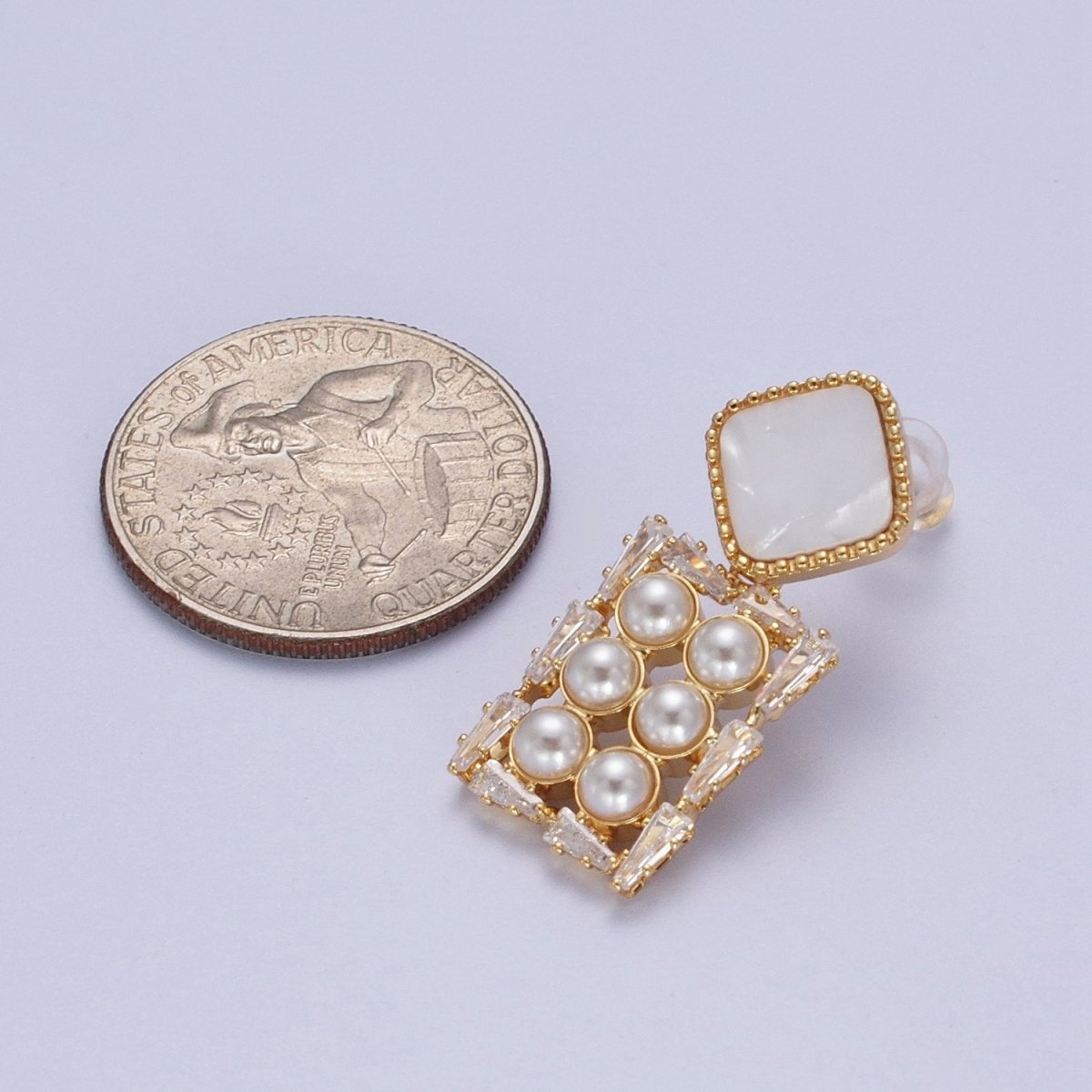 14K Gold Filled Multiple Pearl Baguette Rectangular Shell Pearl Rhombus Drop Stud Earrings | AE1032