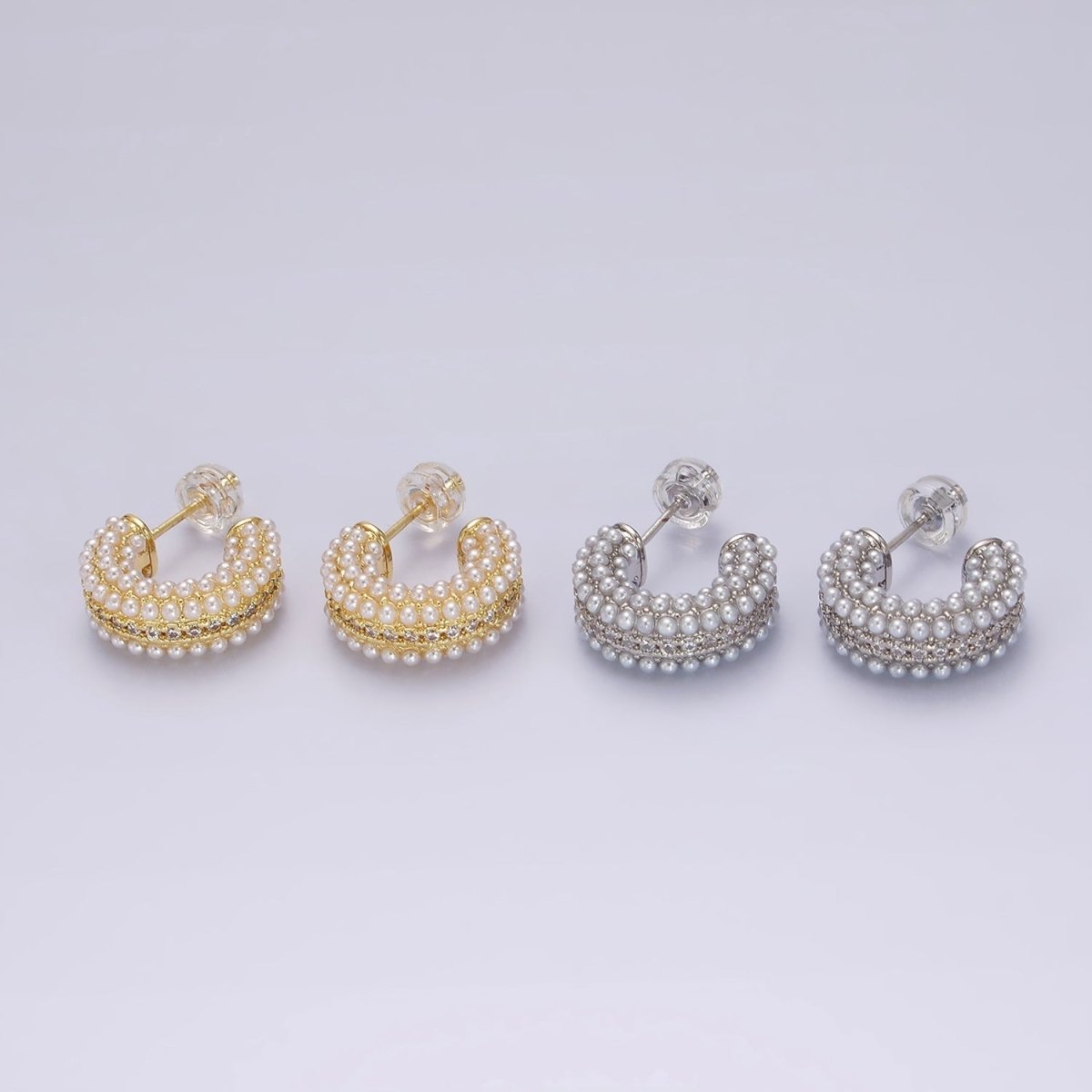 14K Gold Filled Multiple Pearl Micro Paved CZ 15mm C-Shaped Hoop Earrings in Gold & Silver | V259