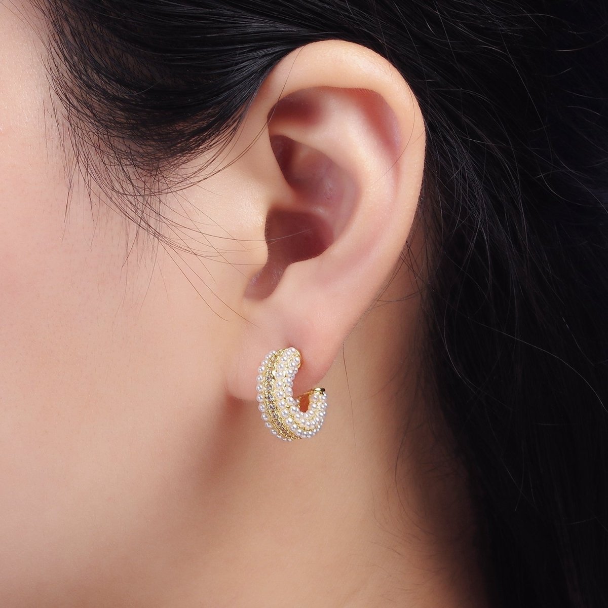 14K Gold Filled Multiple Pearl Micro Paved CZ 15mm C-Shaped Hoop Earrings in Gold & Silver | V259
