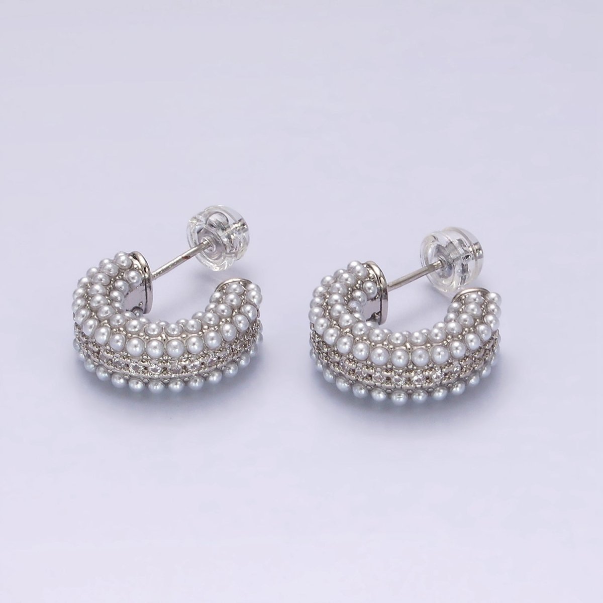 14K Gold Filled Multiple Pearl Micro Paved CZ 15mm C-Shaped Hoop Earrings in Gold & Silver | V259