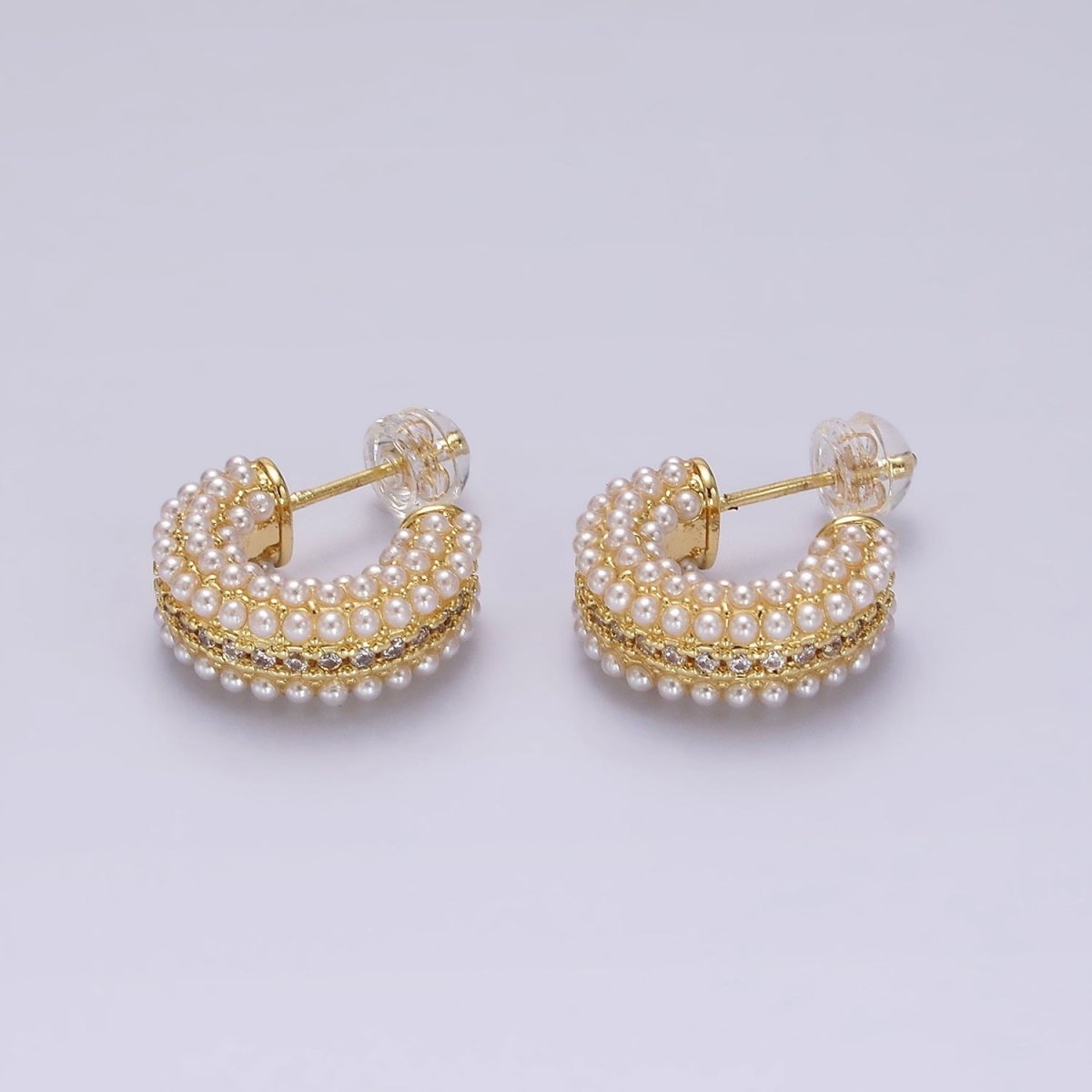 14K Gold Filled Multiple Pearl Micro Paved CZ 15mm C-Shaped Hoop Earrings in Gold & Silver | V259