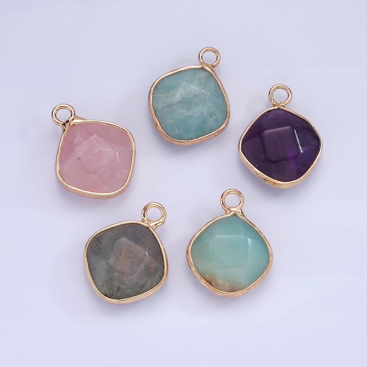 14K Gold Filled Natural Gemstone Multifaceted Rhombus Bezel Charm | N1669 - N1672