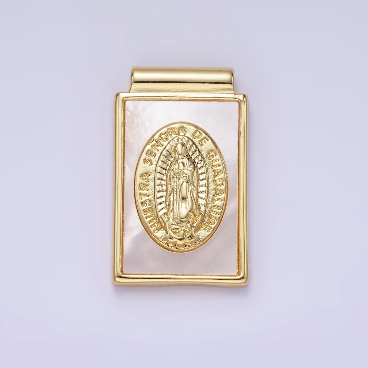 14K Gold Filled Nuestra Señora de Guadalupe Shell Pearl Rectangle Pendant | AH157