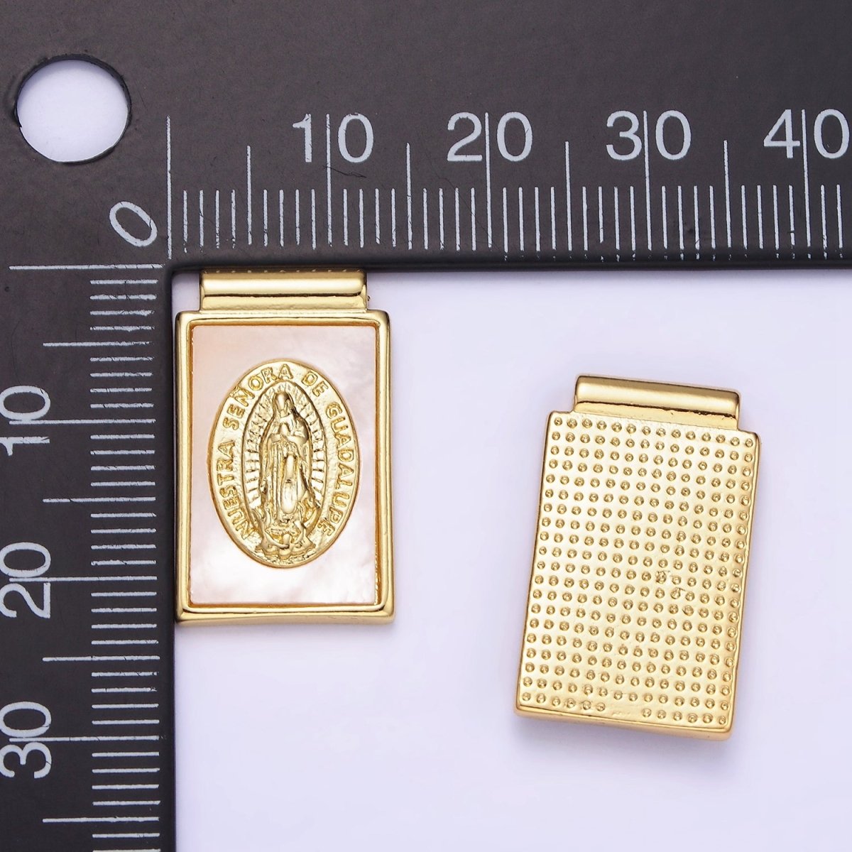 14K Gold Filled Nuestra Señora de Guadalupe Shell Pearl Rectangle Pendant | AH157
