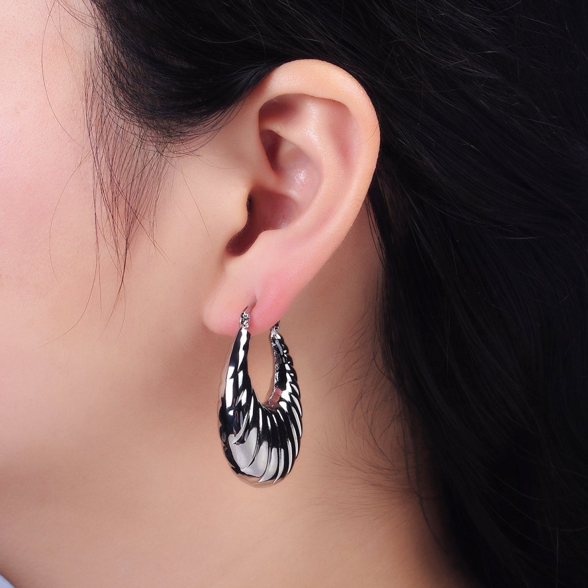14K Gold Filled Oblong Chubby Dome Line-Textured French Lock Latch Earrings in Gold & Silver | AE079 AE080