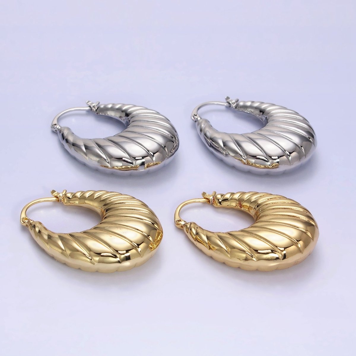 14K Gold Filled Oblong Chubby Dome Line-Textured French Lock Latch Earrings in Gold & Silver | AE079 AE080