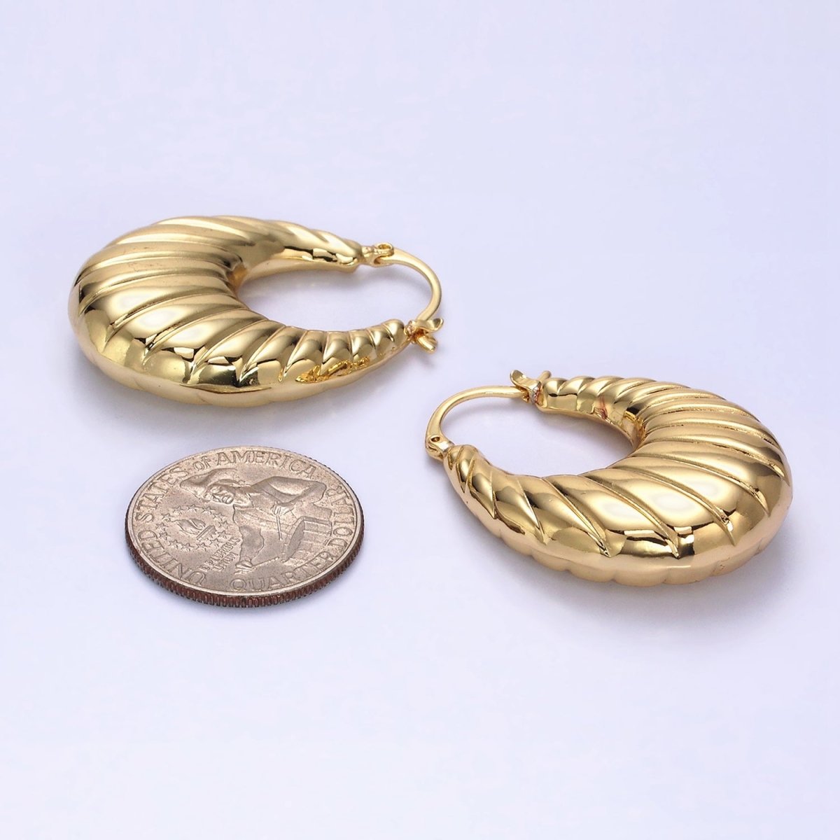 14K Gold Filled Oblong Chubby Dome Line-Textured French Lock Latch Earrings in Gold & Silver | AE079 AE080