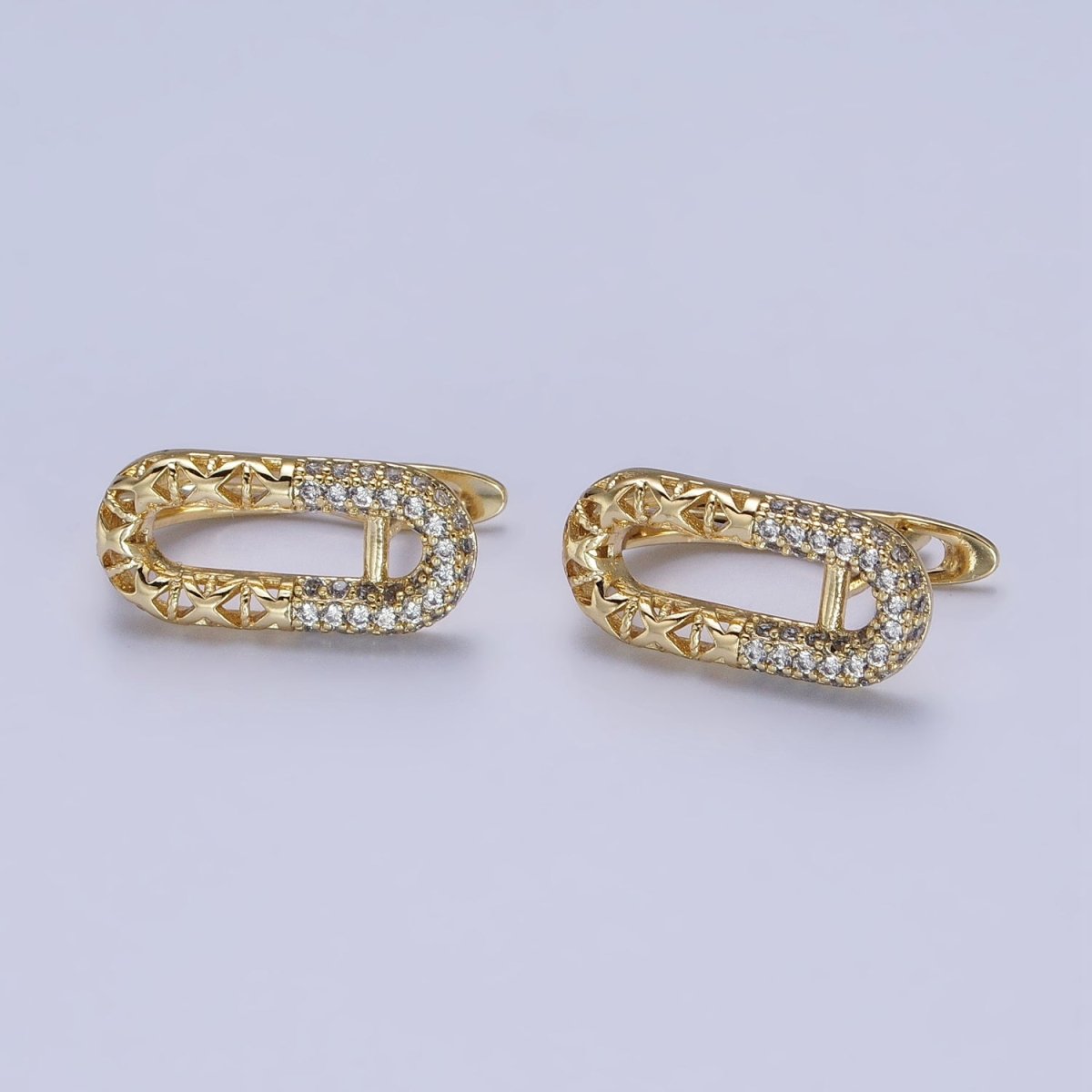 14K Gold Filled Oblong Half Filigree Micro Paved CZ English Lock Earrings | AB321
