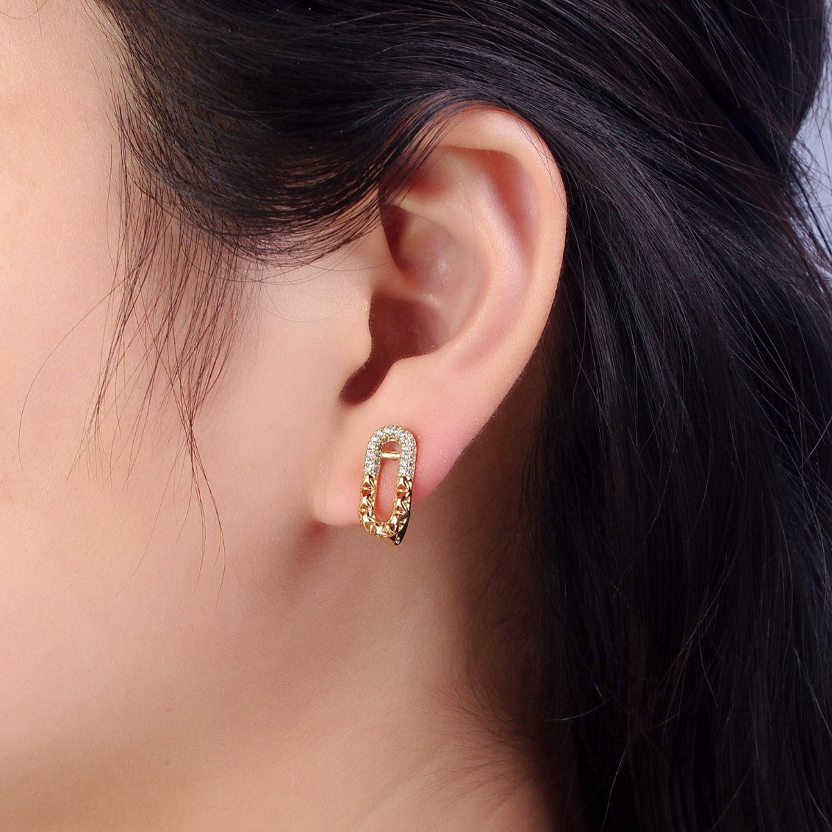 14K Gold Filled Oblong Half Filigree Micro Paved CZ English Lock Earrings | AB321